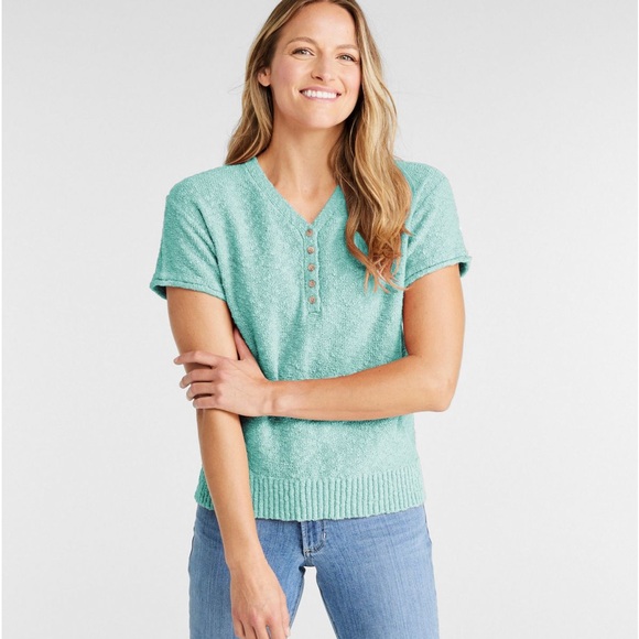L.L. Bean Tops - LL Bean Women's Midweight Cotton Slub Sweater, Henley Short-Sleeve EUC SIZE S‎